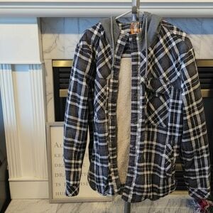 Black & White Plaid Sherpa Lined Hooded Flannel Shirt Jacket Shacket Med